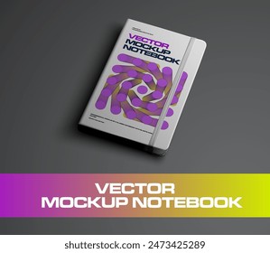 Vector mockup of notebook with elastic band, with abstract design on hard cover, diagonal presentation, diary for notes, sketch. Notepad illustration template, closed organizer, isolated on background