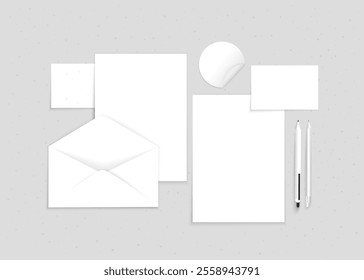 Vector mockup of office stationery on a gray background. Pencil, pen, A4 sheet, scissors, envelope, sticker set.
