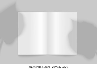 Vector mockup of open book with palm leaves shadows on a gray background. Template for design.