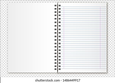Vector mockup open spiral lined notebook, organizer,  magazine on a transparent background. Realistic metal spiral and light shadows. Suitable for your design.