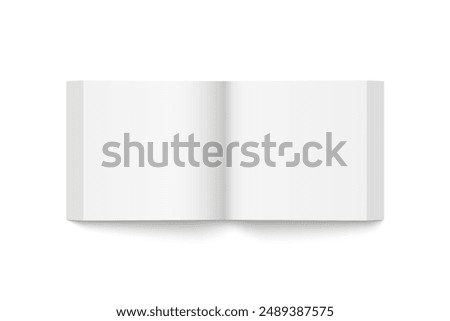 Vector mockup of paperback square book spread with white cover isolated. Realistic book, brochure or booklet template opened on white background. 3d illustration.