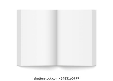 Vector mockup of paperback vertical book spread with white cover isolated. Realistic book, brochure or booklet template opened on white background. 3d illustration.