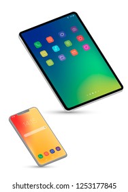 Vector mockup phone screen and tablet screen in isometric for demonstration of web pages and applications.