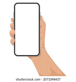 Vector Mock-up phone with white screen in hand in a flat style, isolated on a white background.