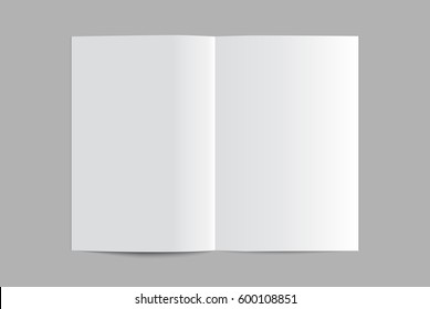 Vector mockup for presentation. Opened vertical rectangle magazine, brochure, booklet, album, book, copybook or notebook template. Blank mock up book cover lying on a gray background. Mockup vector.