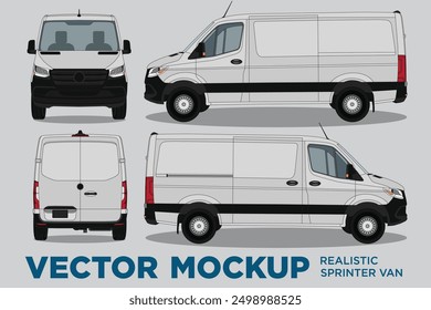 Vector Mockup - Realistisches Auto van Sprinter Mockup für Auto-Branding auf grauem Hintergrund. Blick von der Seite, vorn, hinten.