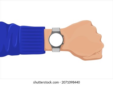 Vektorgrafik einer runden, intelligenten Uhr auf dem Arm in einem flachen Stil einzeln auf weißem Hintergrund.