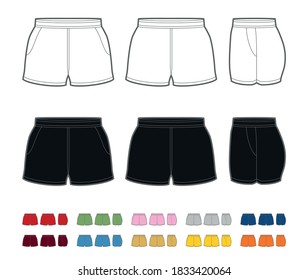 Vector mockup of rugby shorts with pockets. Front, rear and side views. Easy color change.