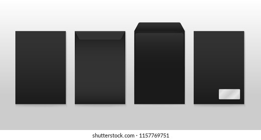 Vector Mockup Set Of Black A4 Paper Empty Envelope With Window. Dark Vertical Postage Closed And Open Cover Template. 3d Illustration For Your Corporate Identity Design. Back And Front View