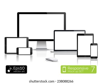 Vector Mockup Set For Responsive Web Design. Desktop Computer Blank, Glossy Laptop Computer Mockups. Modern Responsive Tablet Computer Mockup. Perfectly Detailed Smartphone Mockup Near Computer Blank