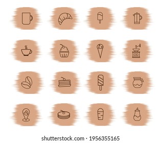 Vector mockup set with takeaway coffee cup, coffee bean, map pointer, heart, organic shapes, textures. Abstract trendy design for social media marketing