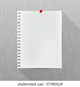 Vector mockup. Sheet of notebook paper with a red push pin hanging on a gray wooden wall. Empty blank. Wood texture with vertical stripes, rustic background. Creative interior template.