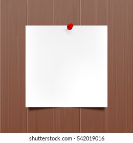 Vector mockup. Sheet of paper with a red push pin hanging on a brown wooden wall. Empty blank. Wood texture with vertical stripes, rustic panels. Hardwood background. Creative interior template.