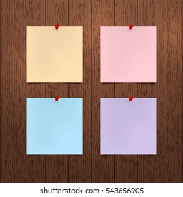 Vector mockup. Sheets of color paper with a red push pins hanging on a brown wooden wall. Empty blanks, notes. Wood texture with vertical stripes, rustic panels. Hardwood background. Interior template