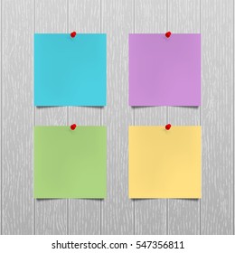 Vector mockup. Sheets of color paper with a red push pins hanging on a gray wooden wall. Empty blanks, notes. Office business interior template. Wood texture with vertical stripes. Hardwood background