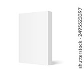Vector mockup of standing paperback book with white blank softcover isolated. Vertical book, catalog or magazine mock up on white background. 3d illustration. Diminishing perspective.