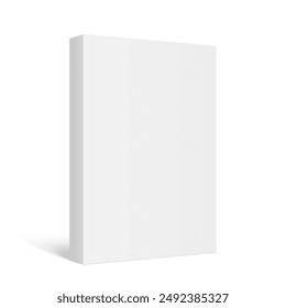 Vector mockup of standing paperback book with white blank cover isolated. Vertical book, catalog or magazine mock up on white background. 3d illustration. Diminishing perspective.