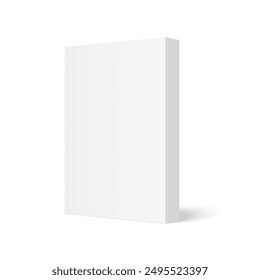 Vector mockup of standing paperback book with white blank softcover isolated. Vertical book, catalog or magazine mock up on white background. 3d illustration. Diminishing perspective.