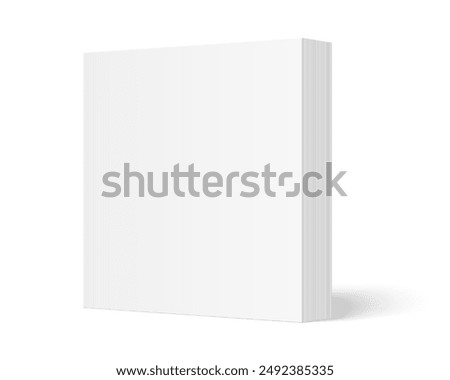Vector mockup of standing paperback book with white blank softcover isolated. Square book, catalog or magazine mock up on white background. 3d illustration. Diminishing perspective.