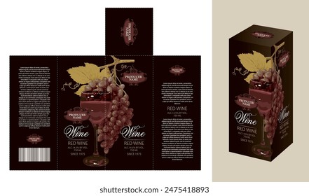 Plantilla de maqueta de Vector de caja de embalaje de cartón para vino tinto con patrón realista de uvas y vidrio sobre fondo negro.