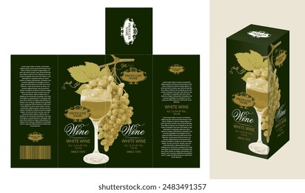 Plantilla de maqueta de Vector de caja de embalaje de cartón para vino blanco con patrón realista de uvas y vidrio.