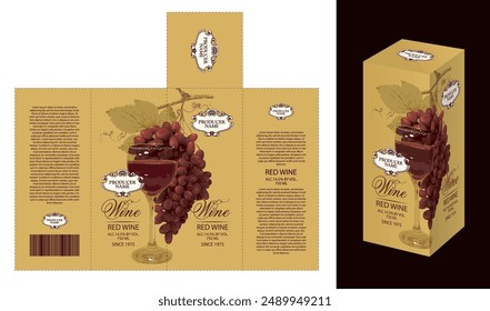 Plantilla de maqueta de Vector de caja de embalaje de cartón para vino tinto con patrón realista de uvas y vidrio sobre fondo dorado.