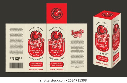 vector mockup template of cardboard packaging box for tomato soup with realistic pattern of half tomato in retro style. Suitable for packaging design and labels
