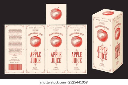 vector mockup template of cardboard packaging box for apple juice with realistic pattern of apple in retro style. Suitable for packaging design and labels