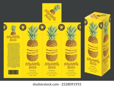 vector mockup template of cardboard packaging box for pineapple juice with realistic pattern of pineapple and slice.