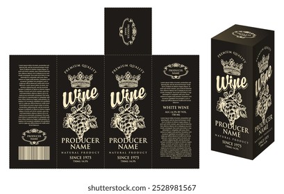 vector mockup template of cardboard packaging box for wine with hand-drawn bunches of grapes, crowns and calligraphic inscriptions in retro style