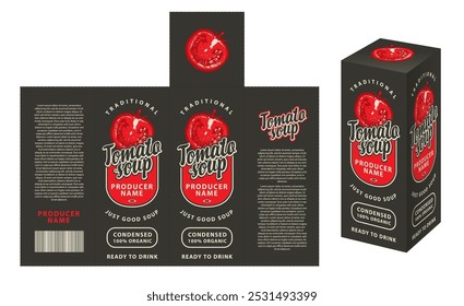 vector mockup template of cardboard packaging box for tomato soup with realistic pattern of half tomato in retro style. Suitable for packaging design and labels