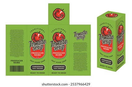 vector mockup template of cardboard packaging box for tomato soup with realistic pattern of half tomato in retro style. Suitable for packaging design and labels