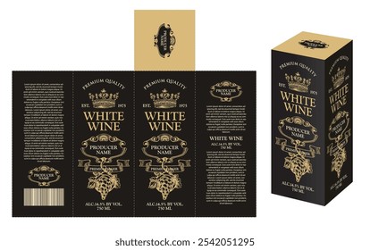 vector mockup template of cardboard packaging box for wine with hand-drawn bunches of grapes, crowns and calligraphic inscriptions in retro style
