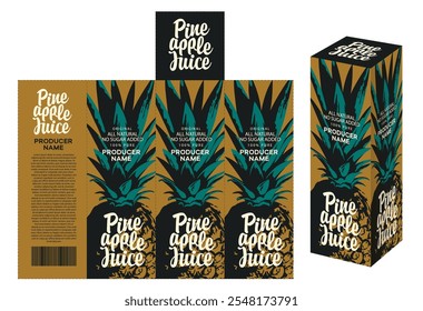 vector mockup template of cardboard packaging box for pineapple juice with realistic pattern of pineapple. Label packaging