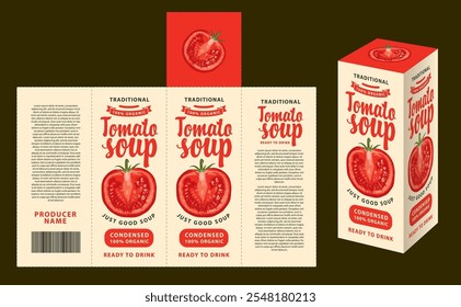 vector mockup template of cardboard packaging box for tomato soup with realistic pattern of half tomato in retro style. Suitable for packaging design and labels