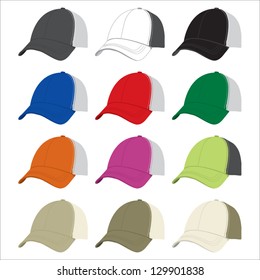 A vector mock-up template containing an assortment of different color trucker hats.
