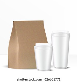 VECTOR MOCKUP TEMPLATE: Set of brown paper bag and two disposable white gray caps with lid on isolated background ready for design