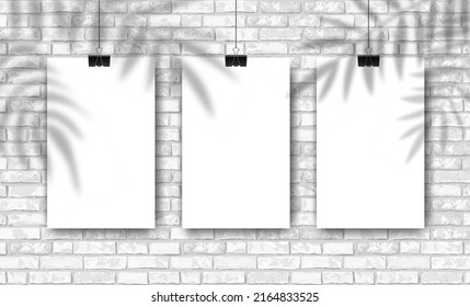 Vector Mockup with three empty white vertical posters on white brick wall background and palm shadow overlay. Trendy portfolio blanc space frame background for web portfolio, poster mock up, advert.