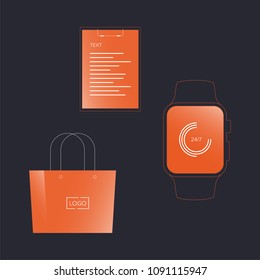 Vector mockup touchscreen clock, tablet for documents and paper package. Orange color with gradient on dark background. On a light background also looks good.