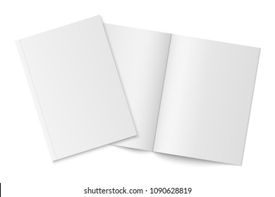 Vector mockup of two thin books with soft cover isolated. Gray vertical magazine, brochure or booklet template opened and closed on white background. 3d illustration for your design - Shutterstock ID 1090628819