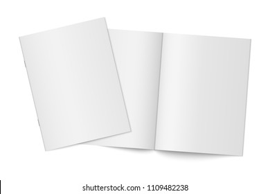 Vector mockup of two thin books with soft cover isolated. Gray vertical magazine, brochure or booklet template opened and closed on white background. 3d illustration for your design