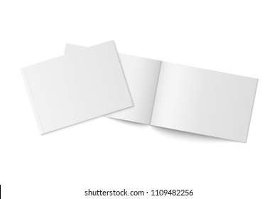 Vector mockup of two thin books with soft cover isolated. Gray horizontal magazine, brochure or booklet template opened and closed on white background. 3d illustration for your design - Shutterstock ID 1109482256