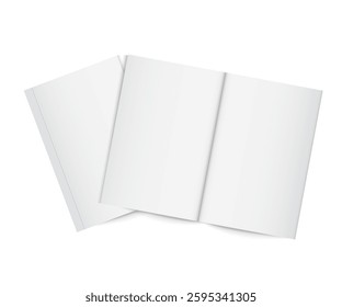 Vector mockup of two thin books with insulated paperback. Gray vertical template of a magazine, brochure or booklet open and closed on white background. 3d illustration for your design. Vector
