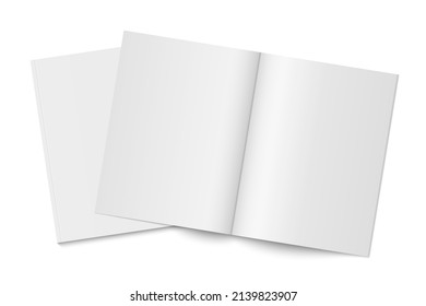 Vector mockup of two white paperback magazines with transparent shadow. Blank realistic vertical magazine, book, brochure or booklet template opened and closed on white background. 3d illustration