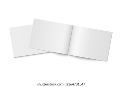 Vector mockup of two white paperback magazines with transparent shadow. Blank realistic horizontal magazine, book, brochure or booklet template opened and closed on white background. 3d illustration