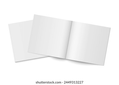 Vector mockup of two white paperback magazines with transparent shadow. Blank realistic square magazine, book, brochure or booklet template opened and closed on white background. 3d illustration