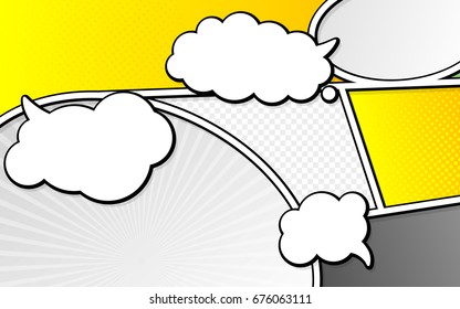 Vector mock-up of a typical comic book page with speech bubbles. Pop art style. Colorful vector illustration. Bright cartoon comics