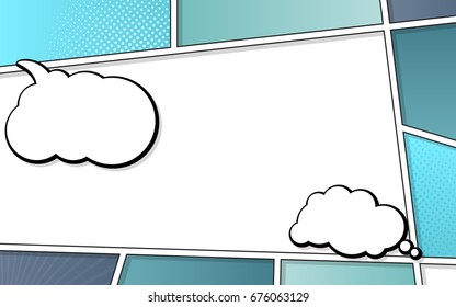 Vector mock-up of a typical comic book page with speech bubbles. Pop art style. Blue vector illustration. Bright cartoon comics