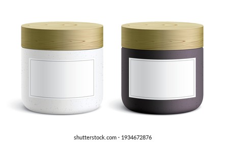 Vector mockup of white and black containers with blank labels, covered with a wooden lid. Realistic illustration of the round ceramic jar with copy space, standing isolated on a white background.