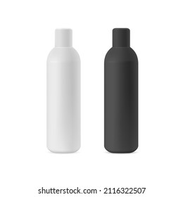 Modelación vectorial del contenedor de plástico blanco y negro para cosméticos. Ilustración 3D realista de una botella con tapa para loción hidratante, tónico, champú, gel o productos médicos. Vista frontal.